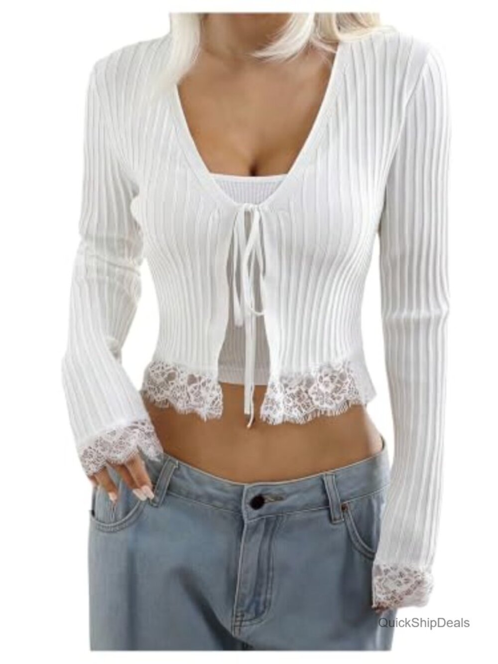 Tie Front Cardigan Lace Long Sleeve Lightweight Knit Sweater